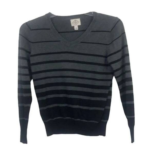 St Johns Bay Sweater V Neck Striped Gray Black‎ Long Sleeve Knit Pullover Top - Picture 1 of 12